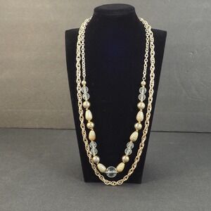 Coro Gold Tone Double Strand Beaded Necklace Rhinestone Accent Toggle Clasp